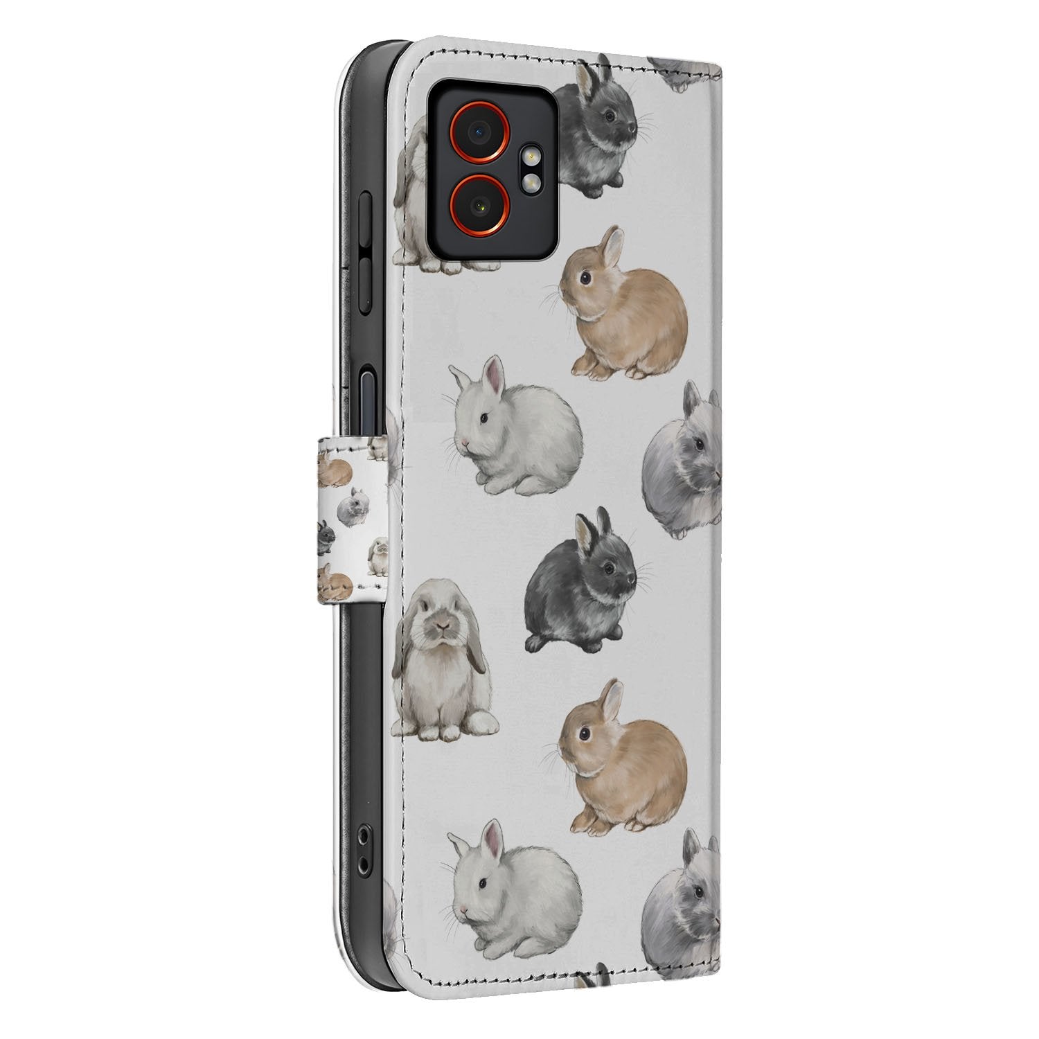 Konijntjes Design Bookcase Hoesje Voor Samsung Galaxy Xcover 7 Pro In Wit Pu Leer voorkant konijntjesprint