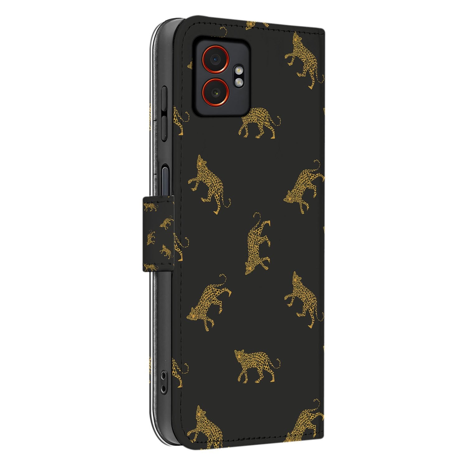 Leopard Luxe Samsung Galaxy Xcover 7 Pro Bookcase Hoesje luipaardprint zwart gouden aanzicht
