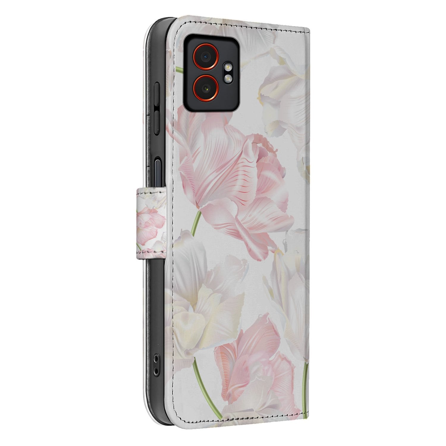 Samsung Galaxy Xcover 7 Pro Lovely Flowers Roze Wit Bookcase Hoesje zijkant bloemen patroon