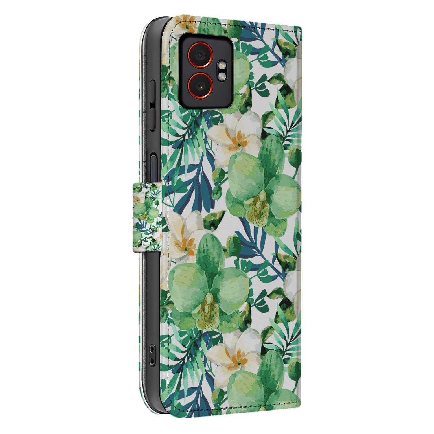 Samsung Galaxy Xcover 7 Pro Elegant Orchidee Groen Design bookcase hoesje aanzicht