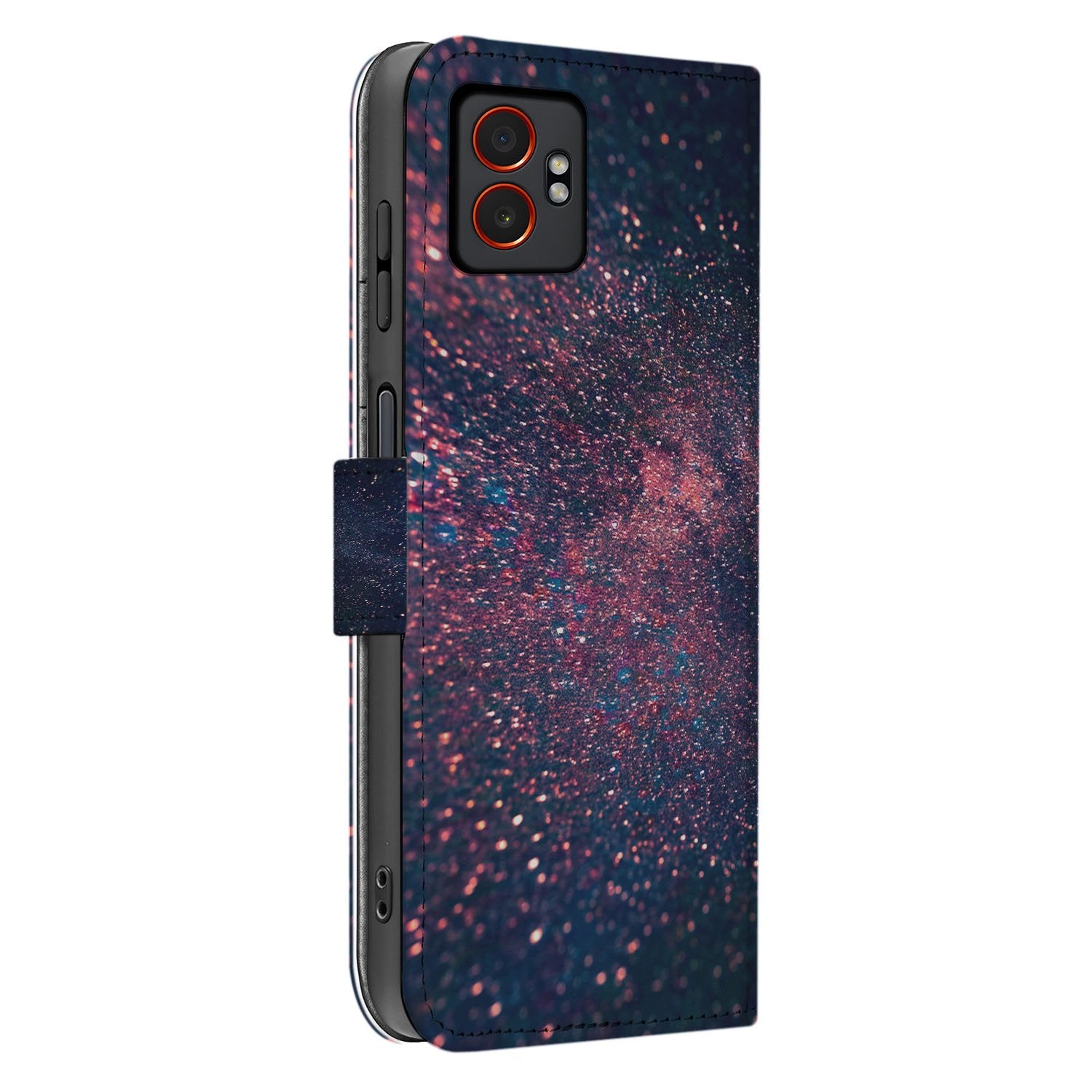 Samsung Galaxy Xcover 7 Pro Sterrenregen In Paars Blauw Glitter Bookcase Hoesje zijaanzicht