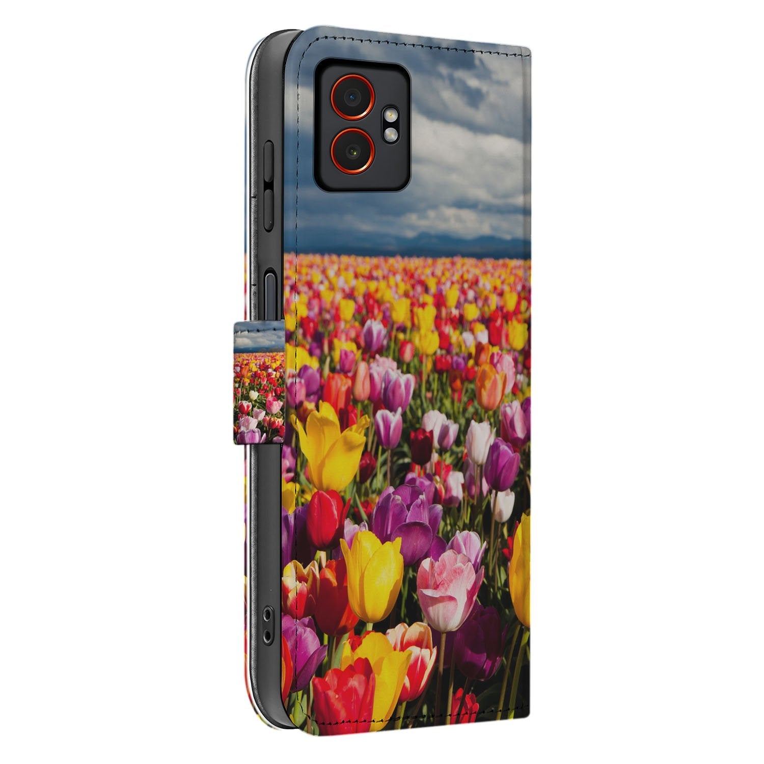 Samsung Galaxy Xcover 7 Pro Bookcase Hoesje met Tulpen Motief Kleurig Patroon Design bloemen kleurrijk zijkant