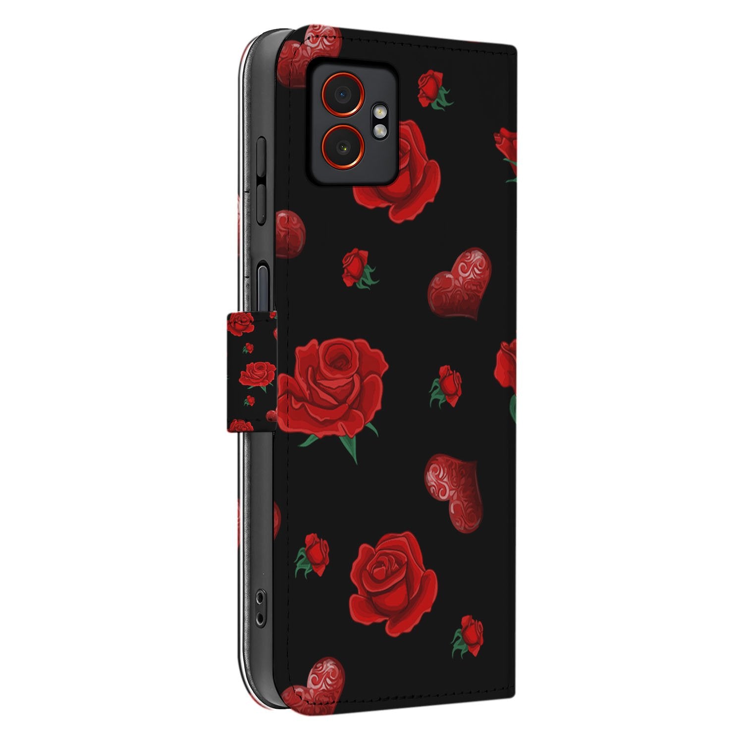 Samsung Galaxy Xcover 7 Pro Bookcase Hoesje Valentine zwart achtergrond rode rozen hartmotieven