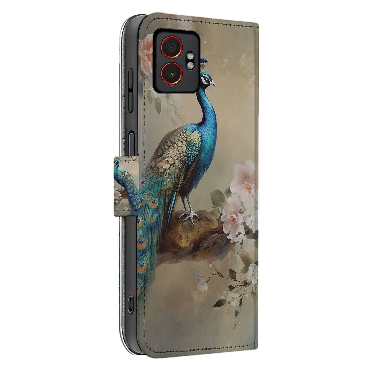 Vintage Pauwen Design Samsung Galaxy Xcover 7 Pro Bookcase Hoesje Met Pasjes pauw design zijkant