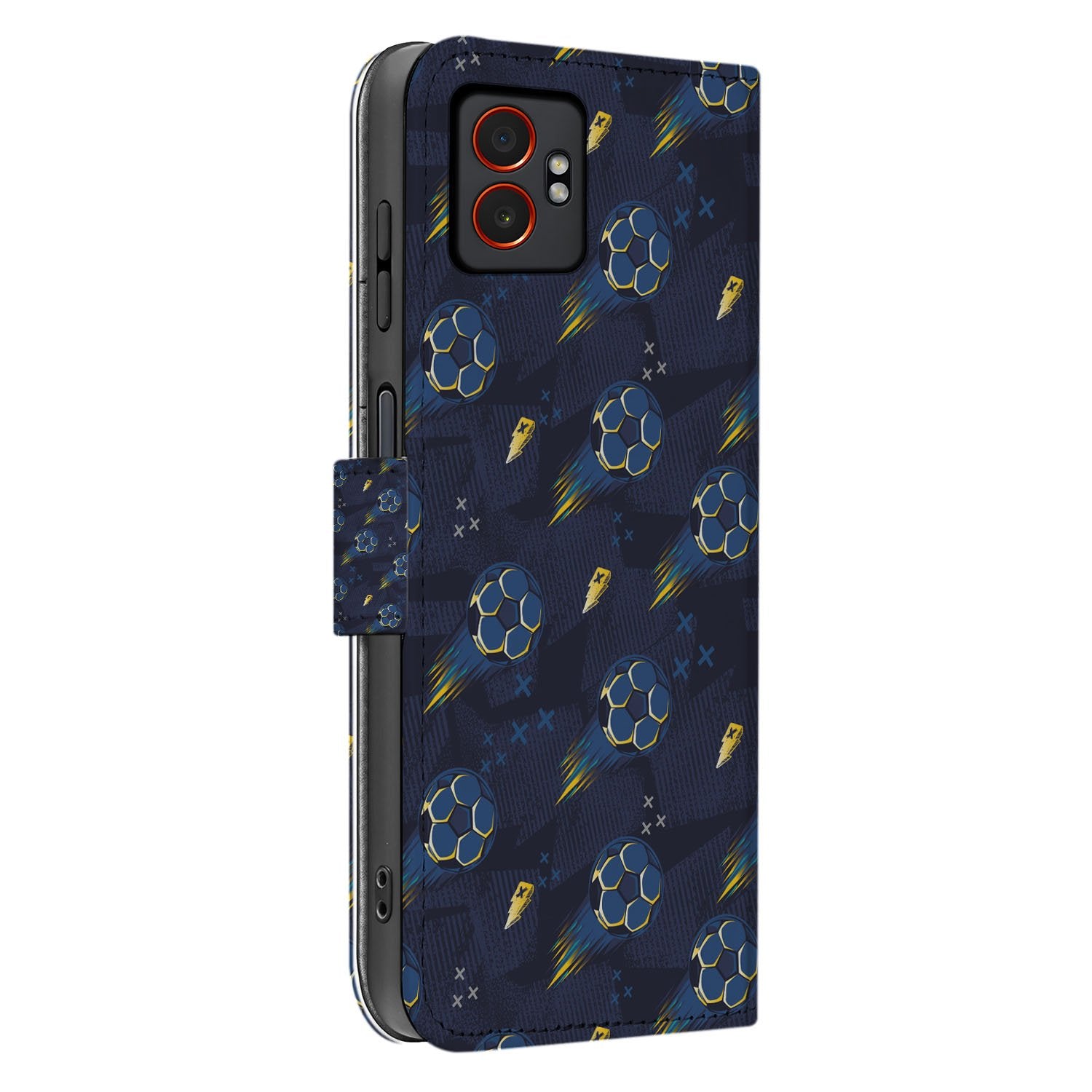 Voetbal Design Samsung Galaxy XCover 7 Pro Bookcase Hoesje Blauw PU Leer Aanzicht