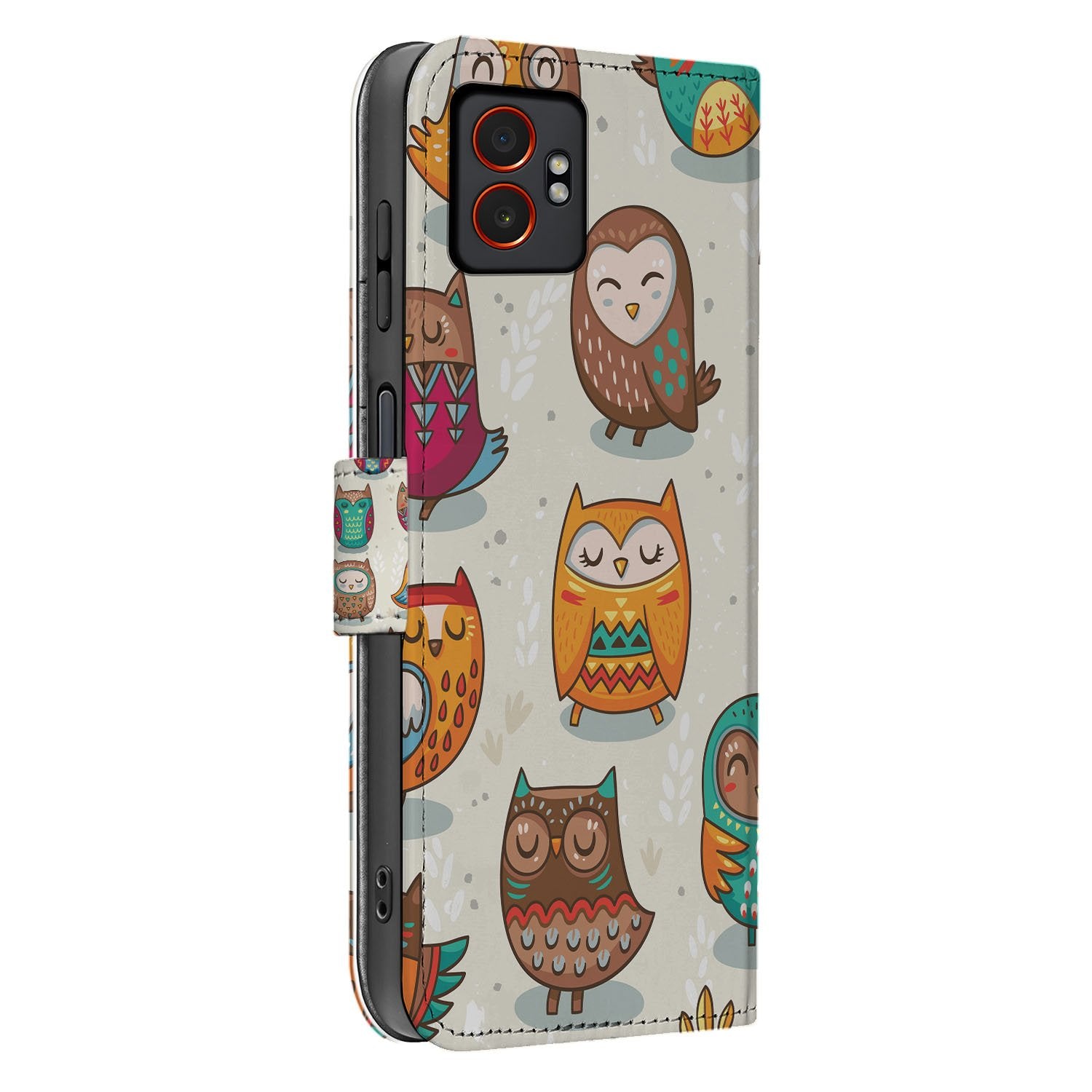 Vrolijke Uilen Samsung Galaxy Xcover 7 Pro Book Case Portemonnee Hoesje uilen kleurrijk design zijaanzicht