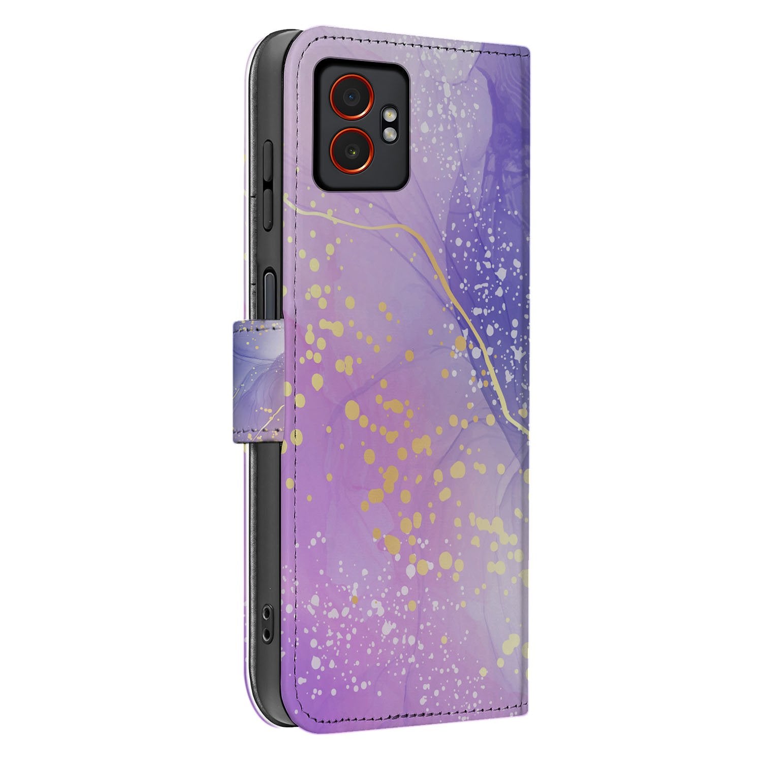 Samsung Galaxy Xcover 7 Pro Bookcase Hoesje Watercolor Paars design waterverf paarse gouden accenten zijkant