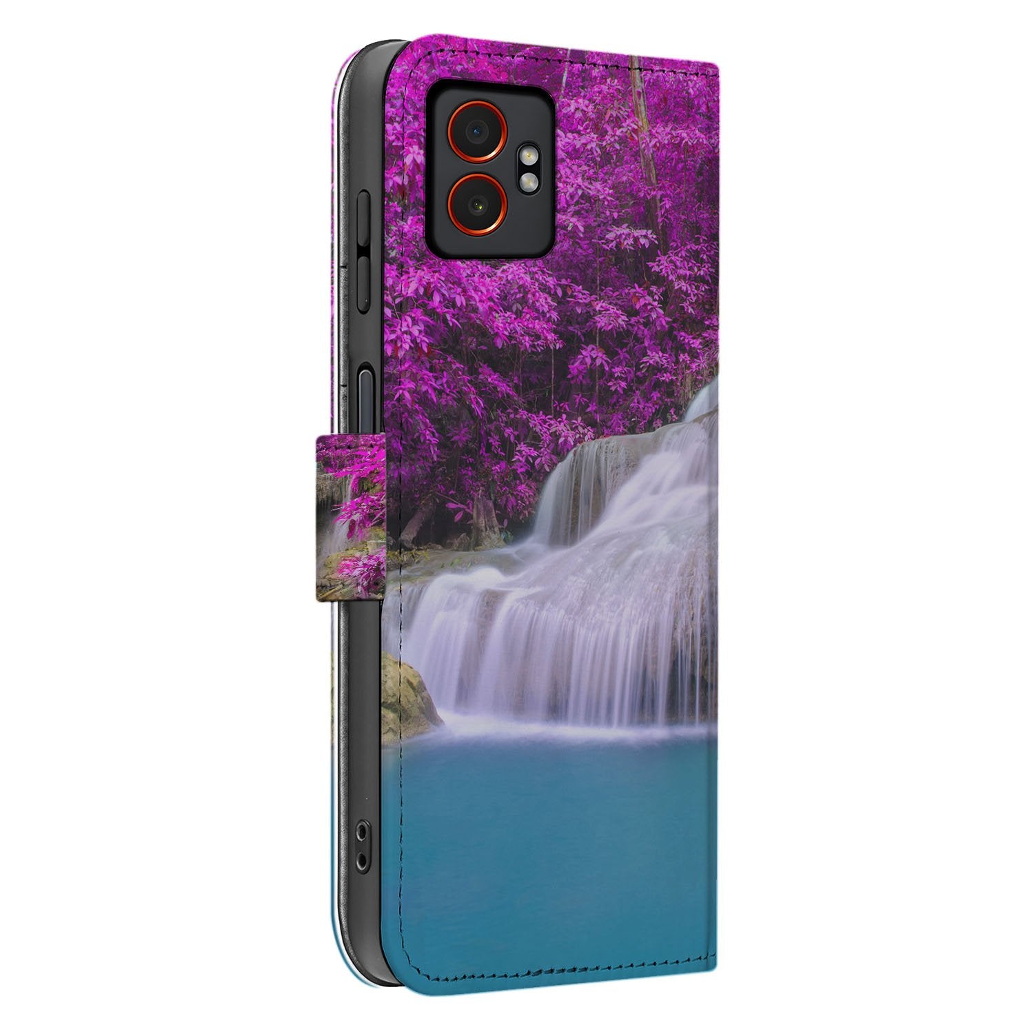 Samsung Galaxy Xcover 7 Pro Exclusief Design Waterval Paars bookcase hoesje aanzicht