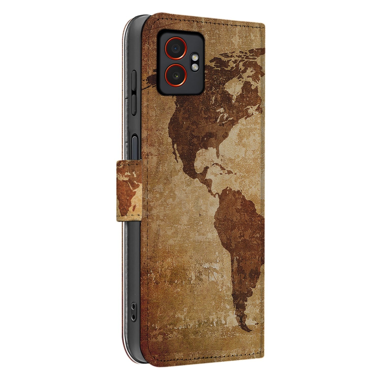 Wereldkaart Samsung Galaxy Xcover 7 Pro Bookcase Hoesje bruin geel design aanzicht