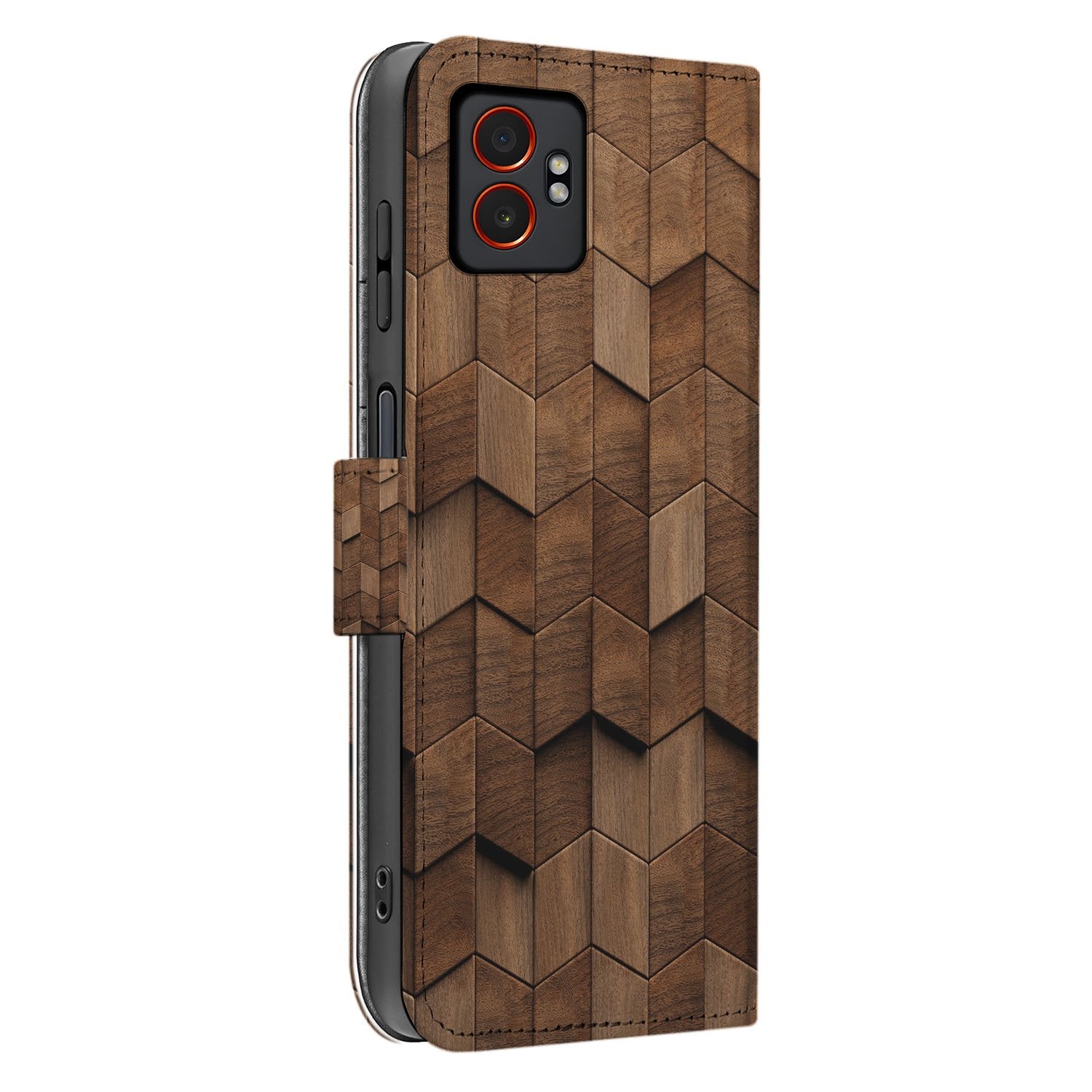 Samsung Galaxy Xcover 7 Pro Bookcase Hoesje Voor Samsung Galaxy Xcover 7 Pro Met Bruin Houtprint Kubusprint Design zijkant