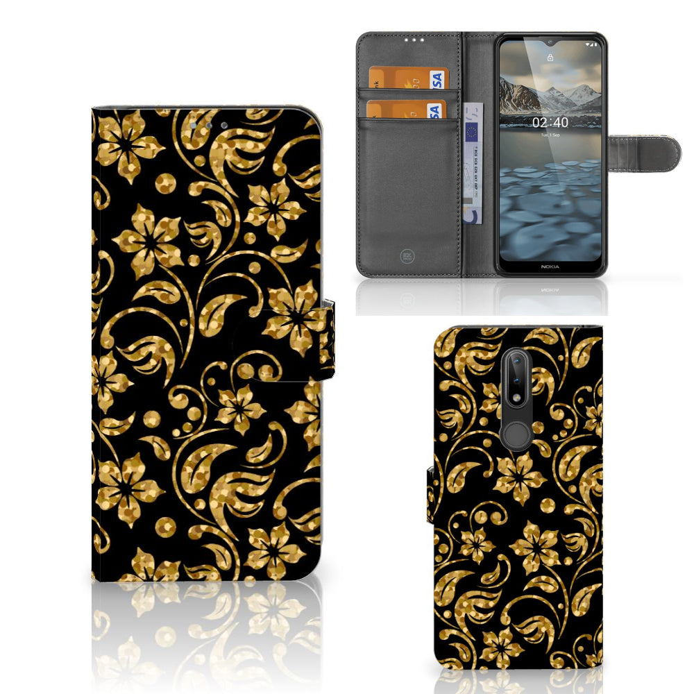 Nokia 2.4 Hoesje Gouden Bloemen