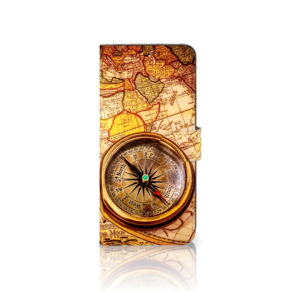 Samsung Galaxy A14 5G Flip Cover Kompas met prachtig kompasdesign en vintage kaart achtergrond.