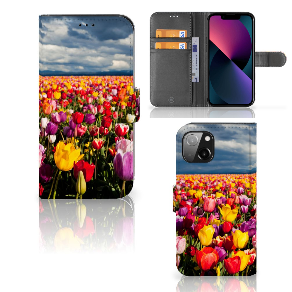 Apple iPhone 13 Hoesje Tulpen met kleurrijke tulpen en ruimte voor pasjes 🌷