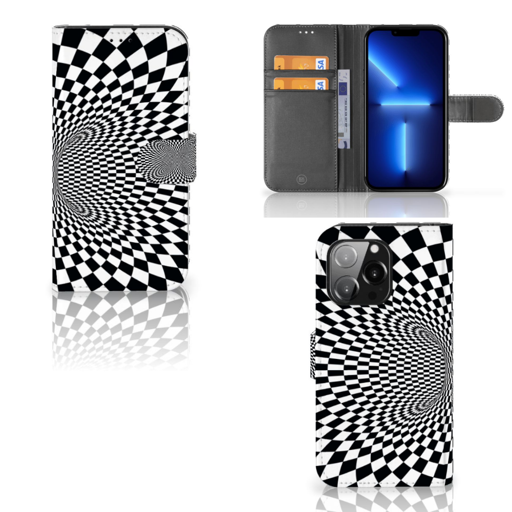 iPhone 13 Pro Book Case Illusie met zwart-wit design, visserspatroon illusie, unieke stijl