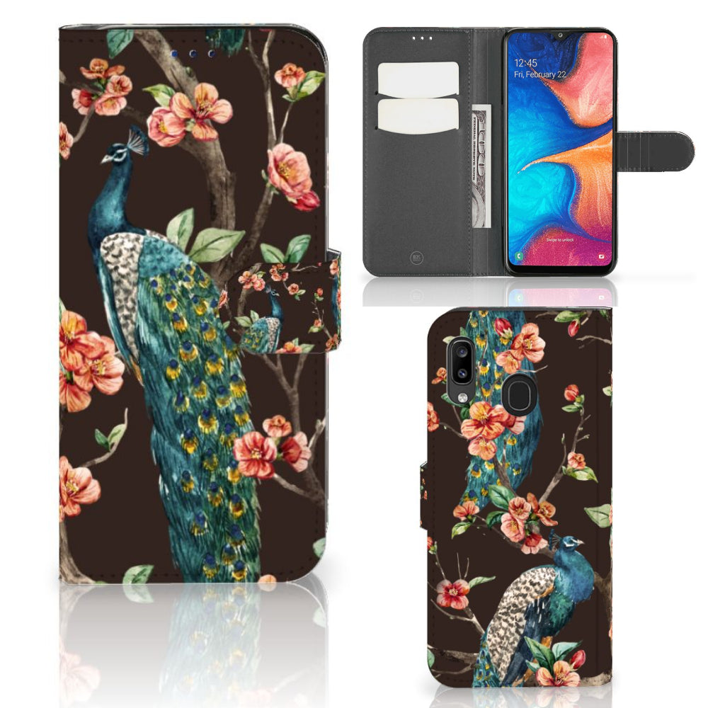 Samsung Galaxy A30 Telefoonhoesje met Pasjes Pauw met Bloemen