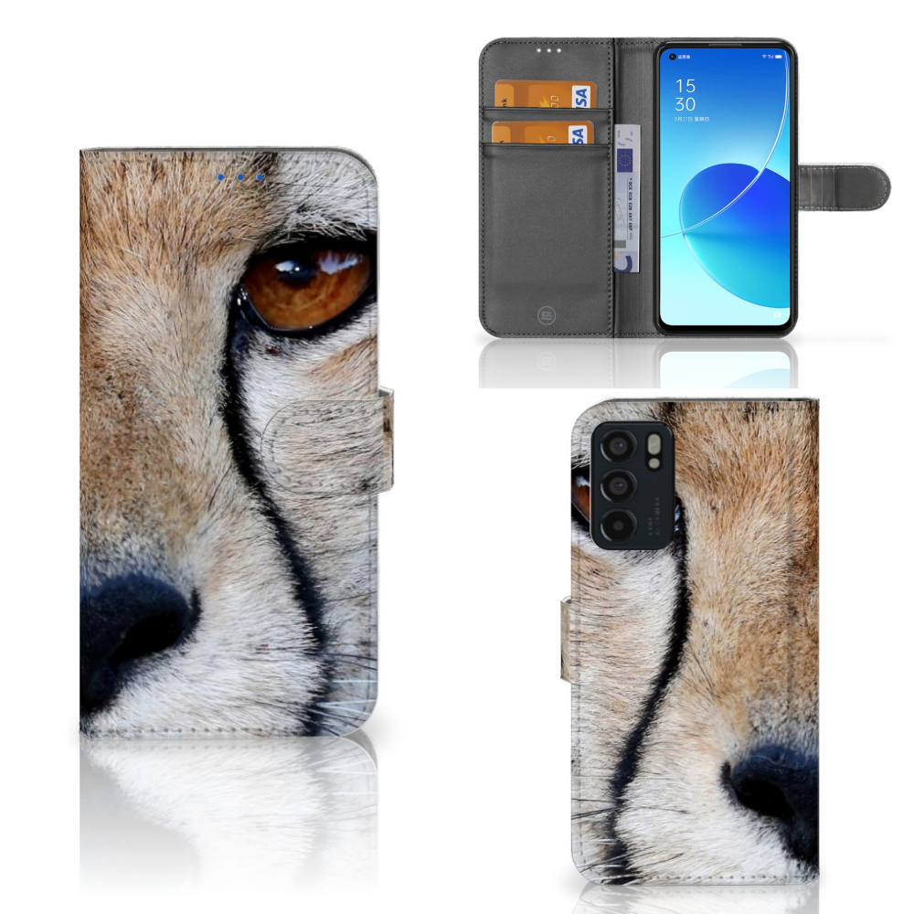 OPPO Reno6 5G Telefoonhoesje met Pasjes Cheetah met close-up afbeelding van cheeta oog en interne pasjesruimte.