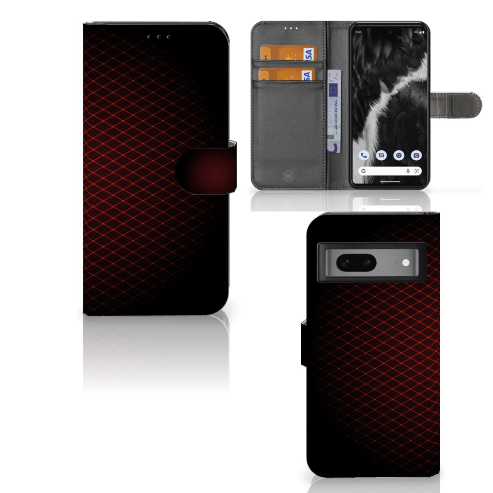 Google Pixel 7 Telefoon Hoesje Geruit Rood met ruimte voor 3 pasjes en minimalistisch design.