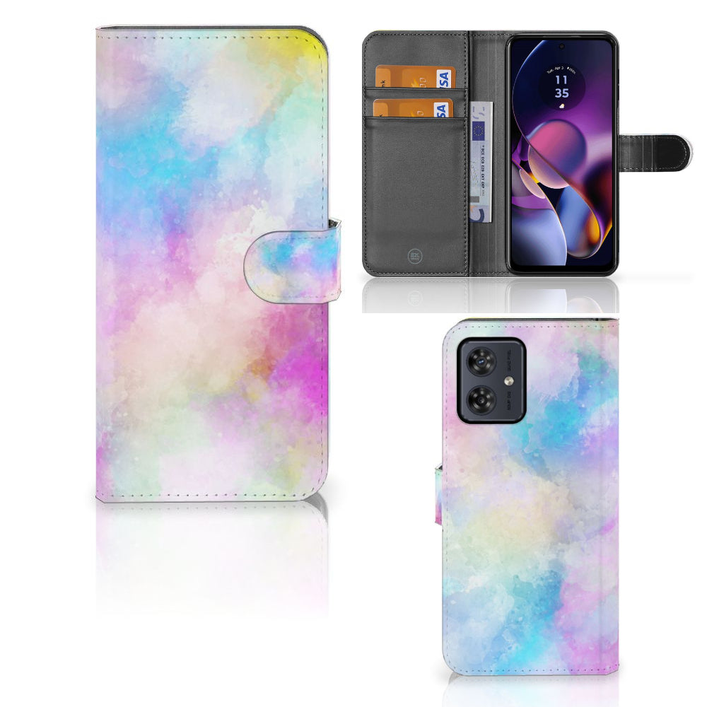 Hoesje Motorola Moto G54 Watercolor Light met pasjeshouder in pastelkleuren en unieke watercolor print.