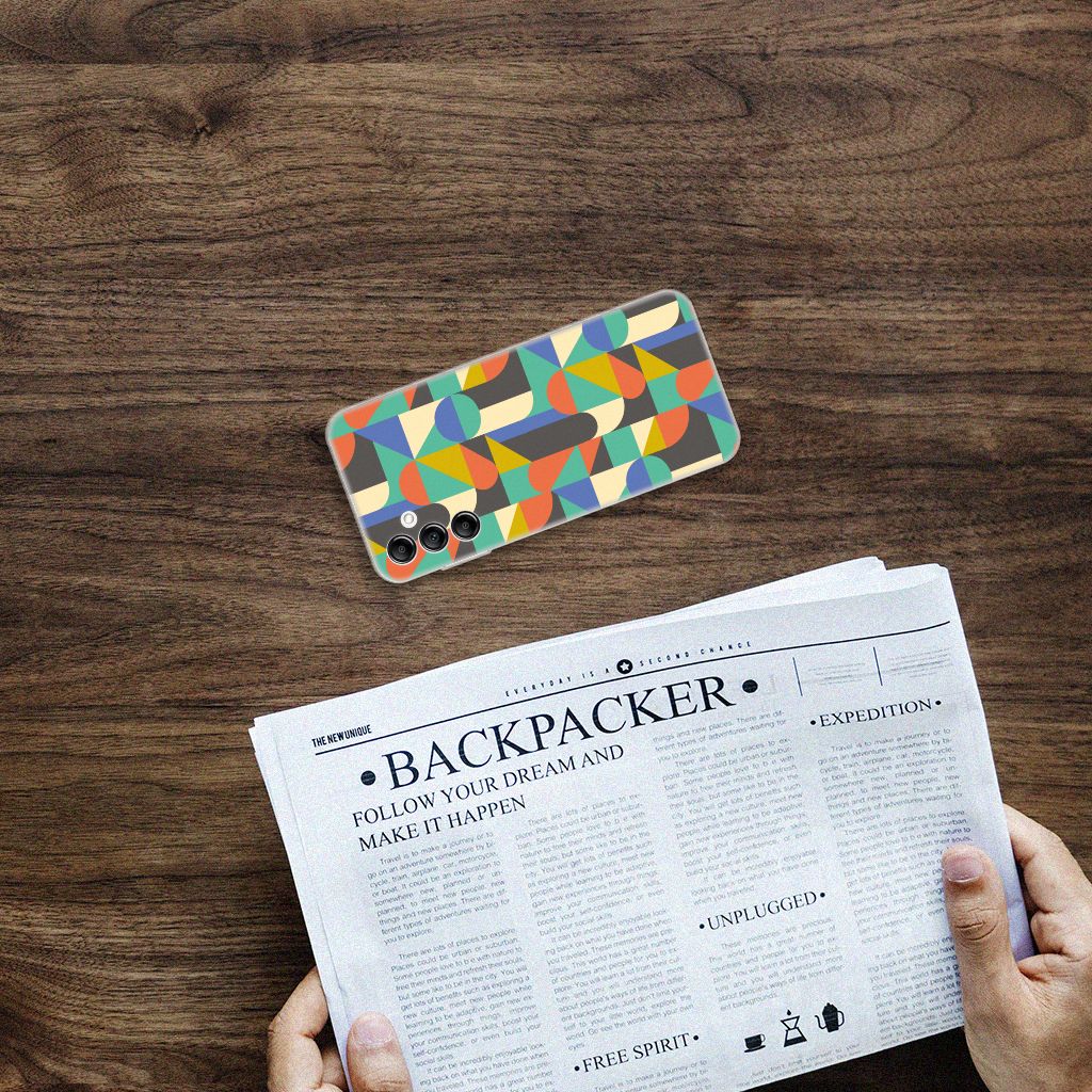 Samsung Galaxy A14 5G TPU bumper Funky Retro design on a wooden table next to a newspaper.