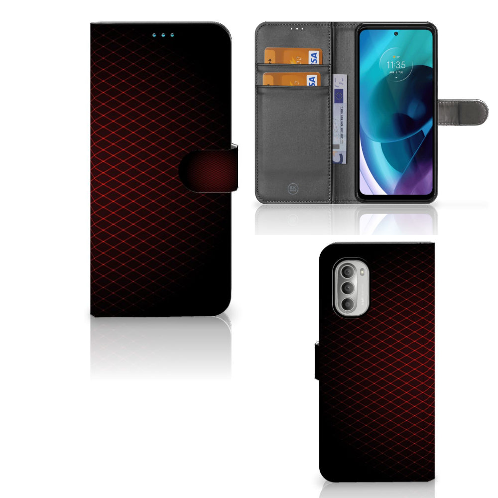 Motorola Moto G51 5G Telefoon Hoesje Geruit Rood met ruimte voor 3 pasjes en strak design.