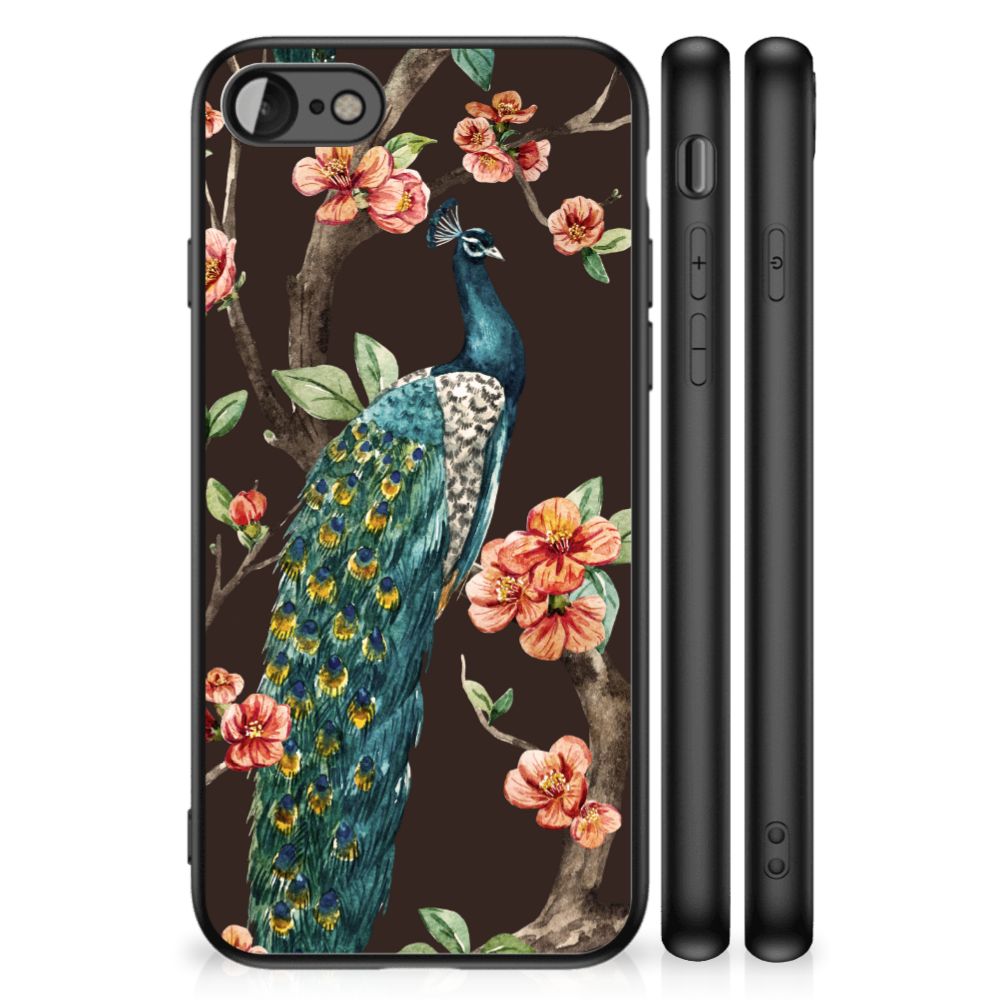 iPhone SE 2022 | SE 2020 | 7/8 Dierenprint Telefoonhoesje Pauw met Bloemen met bloemen en pauw op een donker achtergrond.