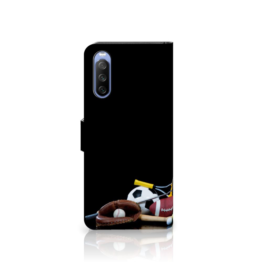 Sony Xperia 10 III Wallet Case met Pasjes Sports met sportuitrusting op een zwarte achtergrond.