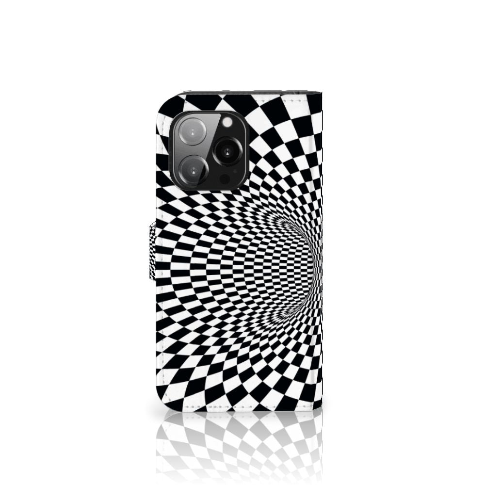 iPhone 13 Pro Book Case Illusie met een zwart-wit design in een hypnotiserend patroon.