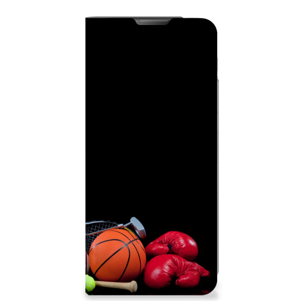 Motorola Moto E20 Hippe Standcase Sports design featuring various sports equipment like basketball and boxing gloves.