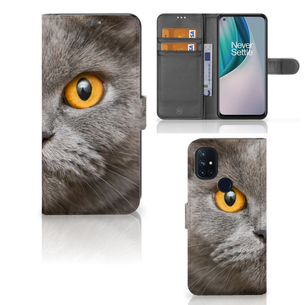 Telefoonhoesje met Pasjes OnePlus Nord N10 Britse Korthaar, afbeelding van een hoesje met foto's van een kat.