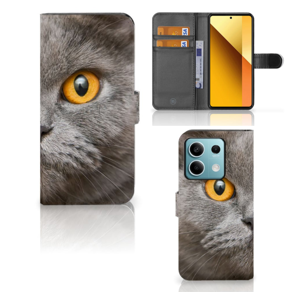 Telefoonhoesje met Pasjes Xiaomi Redmi Note 13 5G Britse Korthaar met afbeelding van een britse korthaar kat.