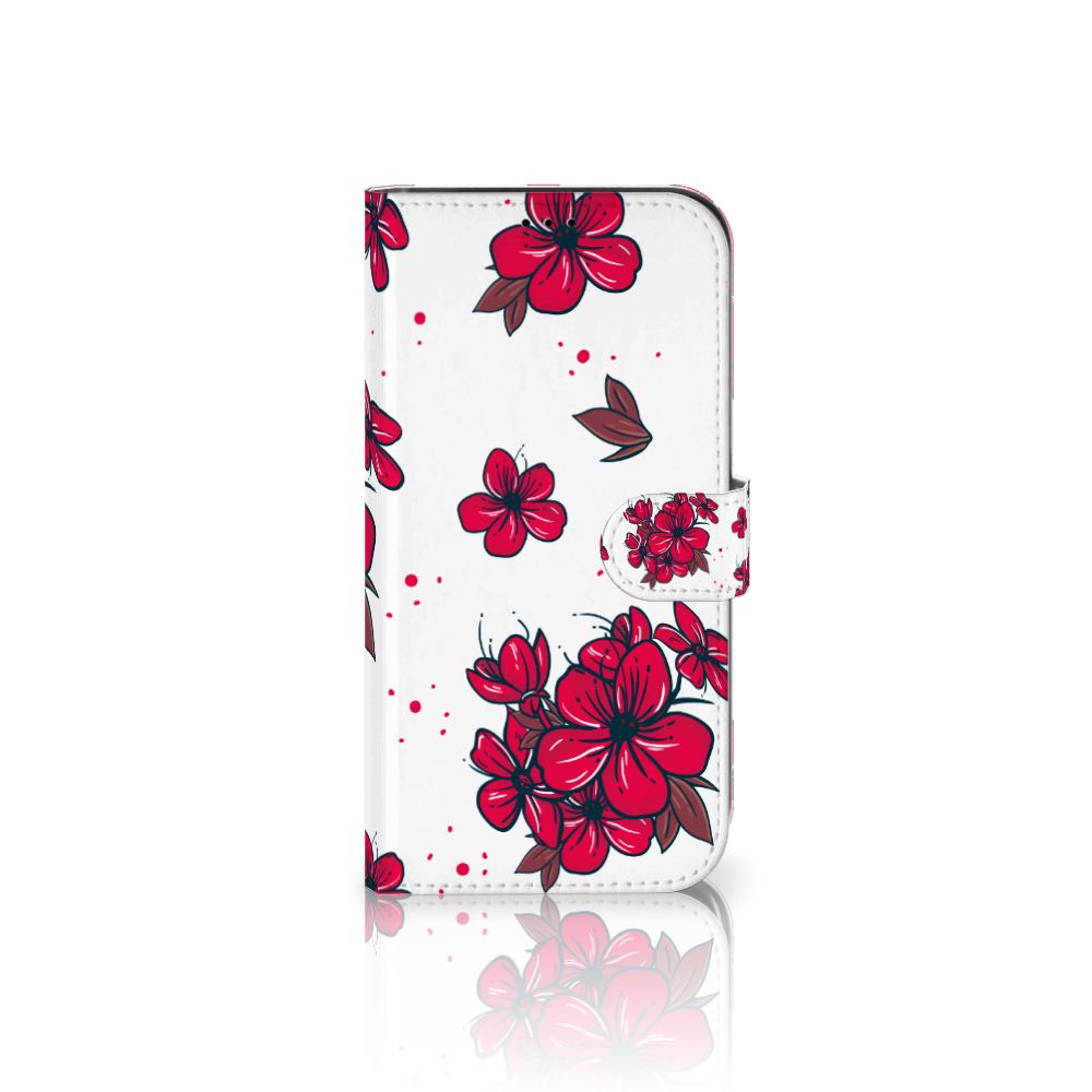iPhone 13 Pro Max Hoesje Blossom Red met mooie rode bloesems op een witte achtergrond.