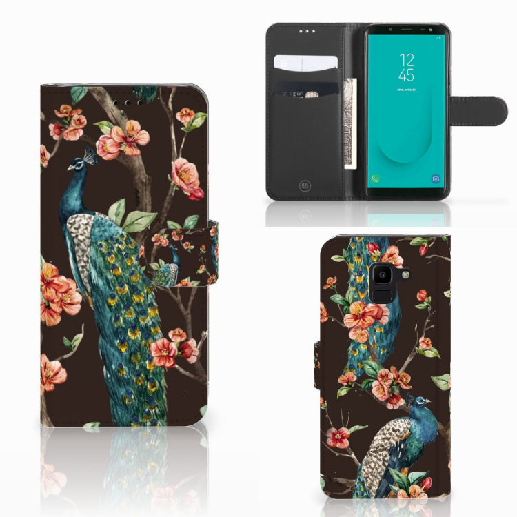 Samsung Galaxy J6 2018 Telefoonhoesje met Pasjes Pauw met Bloemen