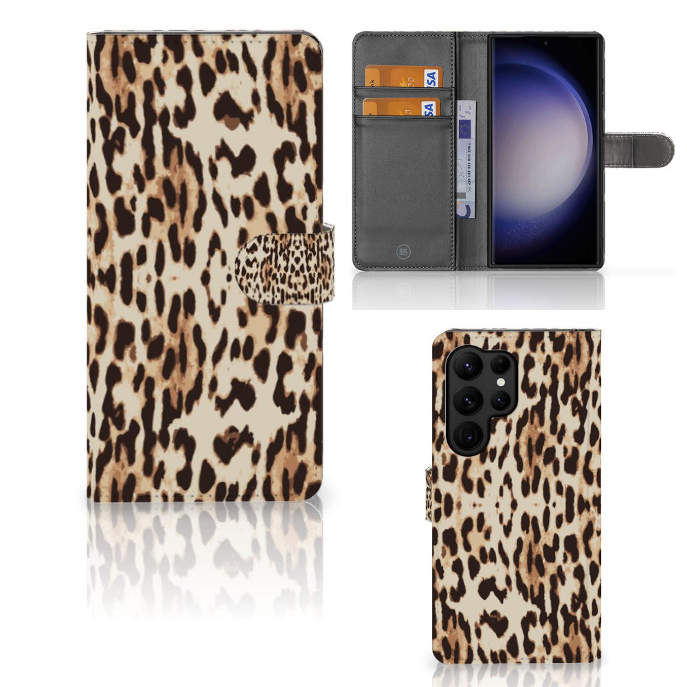 Samsung Galaxy S23 Ultra Telefoonhoesje met Pasjes Leopard