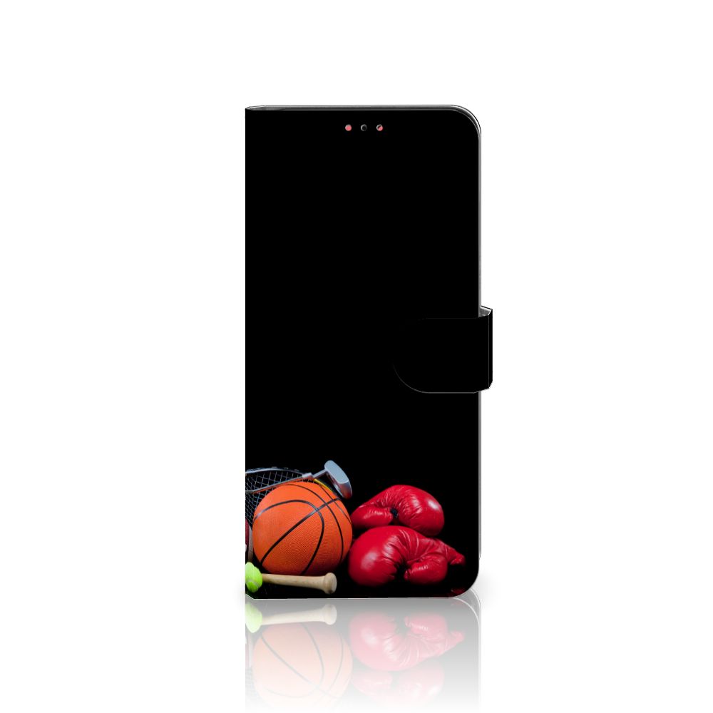 Samsung Galaxy A13 (4G) Wallet Case met Pasjes Sports met sportuitrusting zoals een basketball en bokshandschoenen.