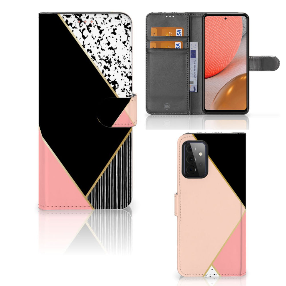 Samsung Galaxy A72 Book Case Zwart Roze Vormen