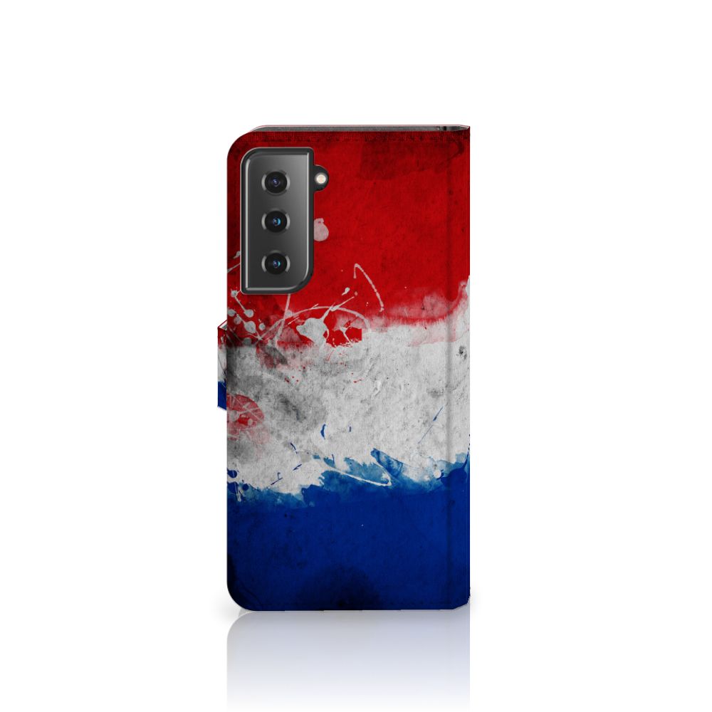 Samsung Galaxy S21 Bookstyle Case Nederland met artistic design van de Nederlandse vlag in rood, wit en blauw.