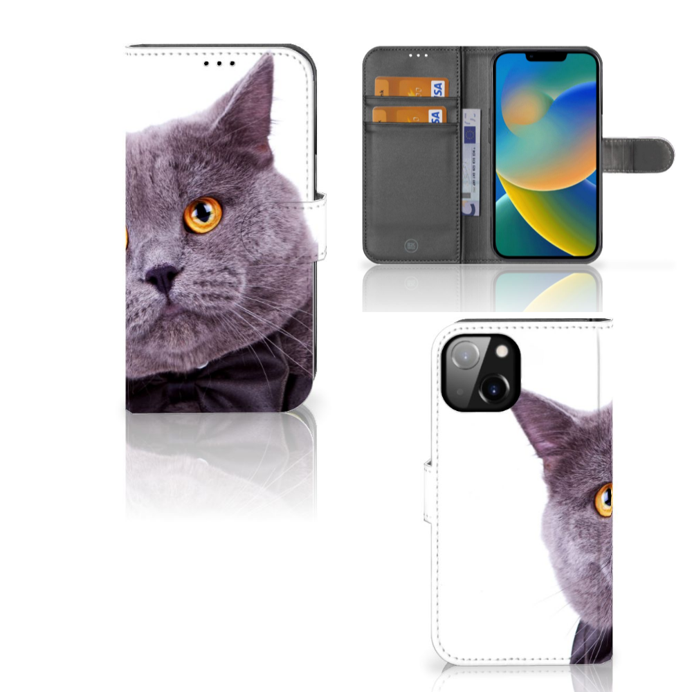 Apple iPhone 14 Telefoonhoesje met Pasjes Kat met grijze kat 🎨 en oranje ogen, perfect voor kattenliefhebbers.