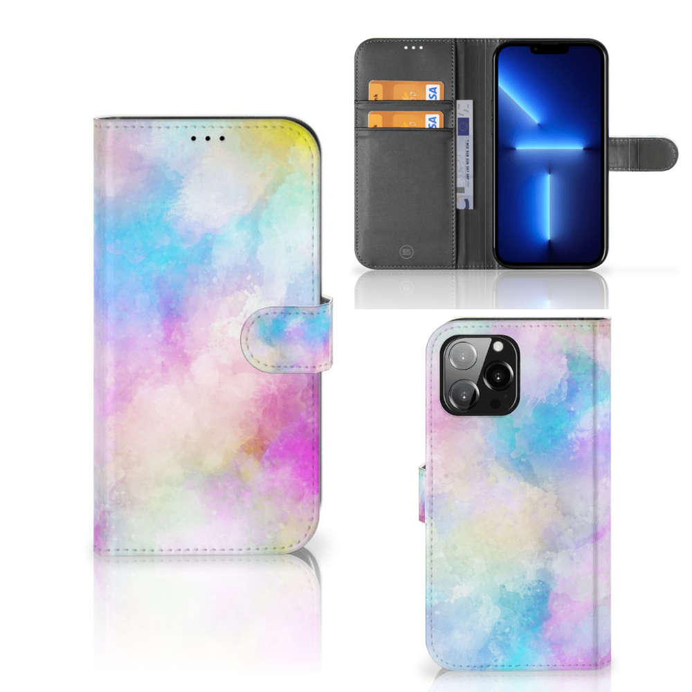 Hoesje iPhone 13 Pro Max Watercolor Light met pasjeshouder en pastelkleuren, unieke en kleurrijke bescherming.