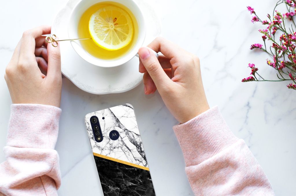 Motorola Moto G8 Power Lite TPU Siliconen Hoesje Marmer Wit Zwart - Origineel Cadeau Man B2C Telecom