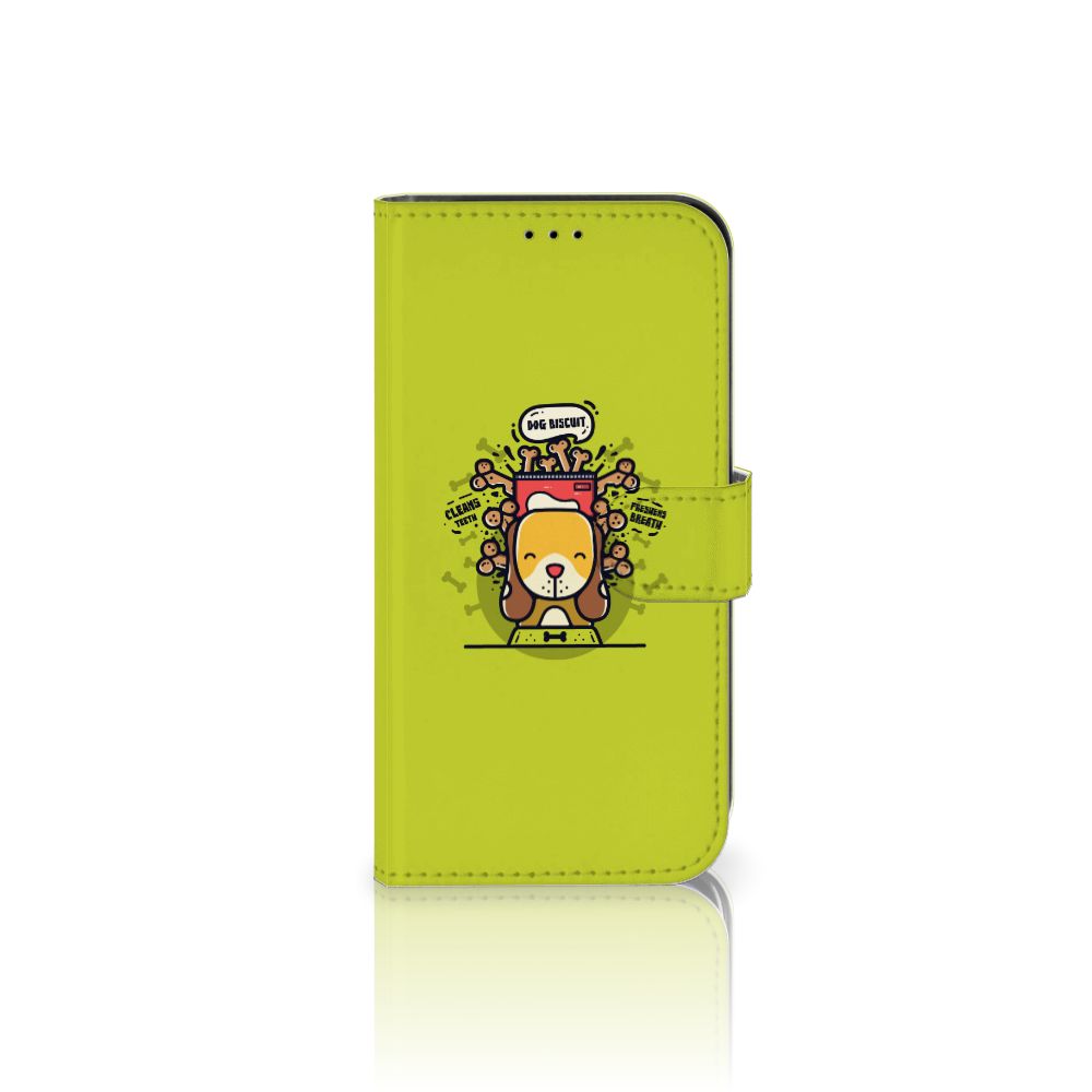 Apple iPhone 13 Leuk Hoesje Doggy Biscuit met schattige hond en felle groene kleur.