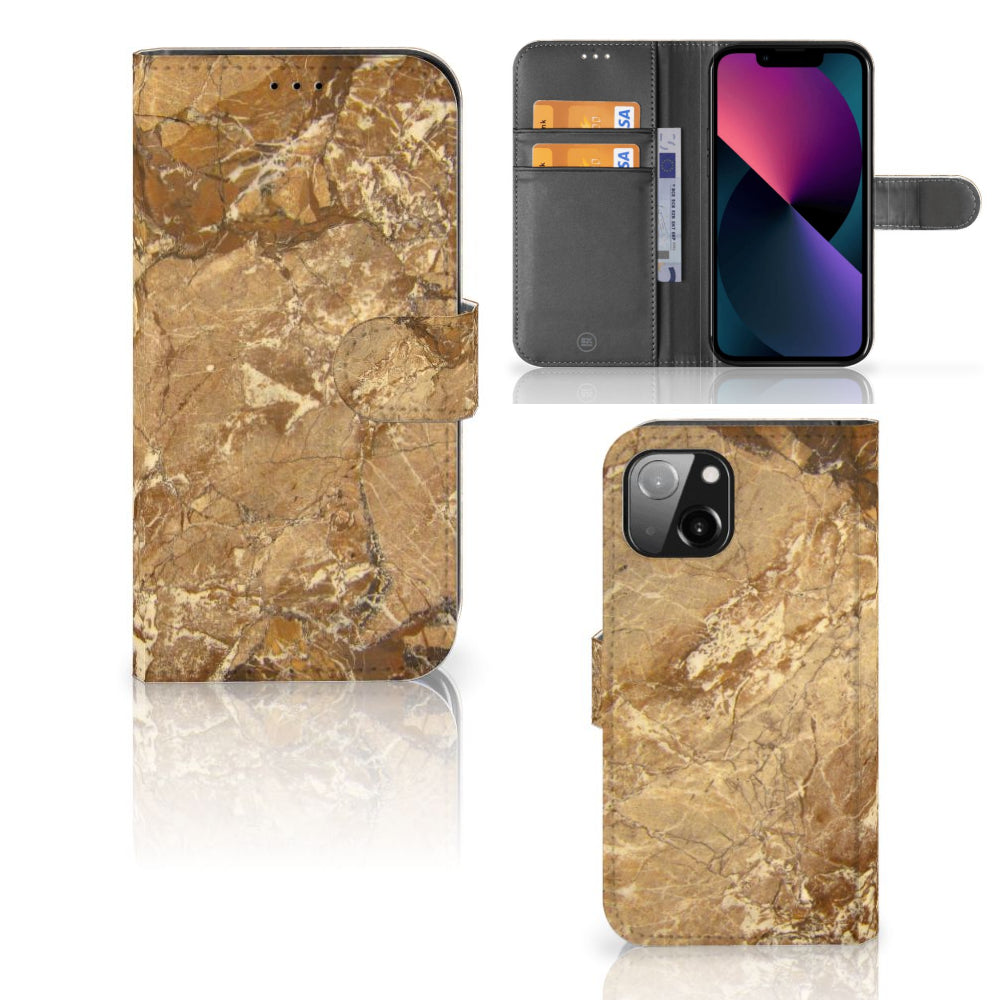 Apple iPhone 13 Bookcase Marmer Creme, luxe boekhoes van kunstleer met pasjeshouder in marmerlook.