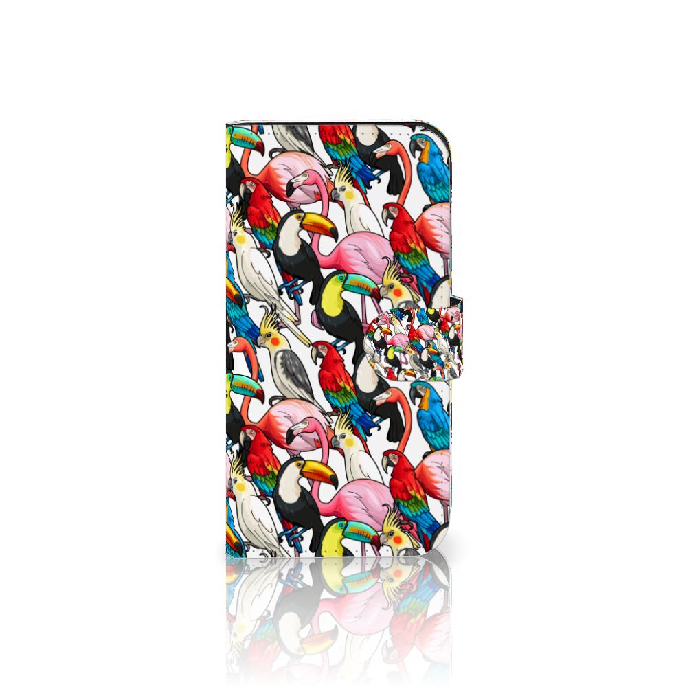 iPhone 15 Pro Telefoonhoesje met Pasjes Birds kleurrijk design vol met toekans, papegaaien en flamingo's 🌈