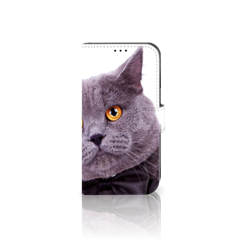Apple iPhone 14 Telefoonhoesje met Pasjes Kat met een grijze kat met oranje ogen in een zwarte strik