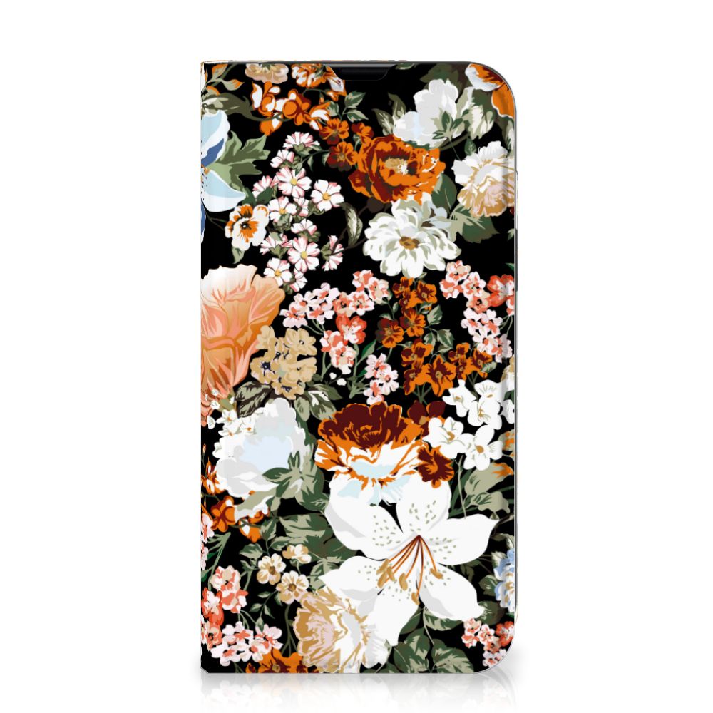 Smart Cover voor iPhone 13 Dark Flowers met kleurrijke bloemen op zwarte achtergrond.