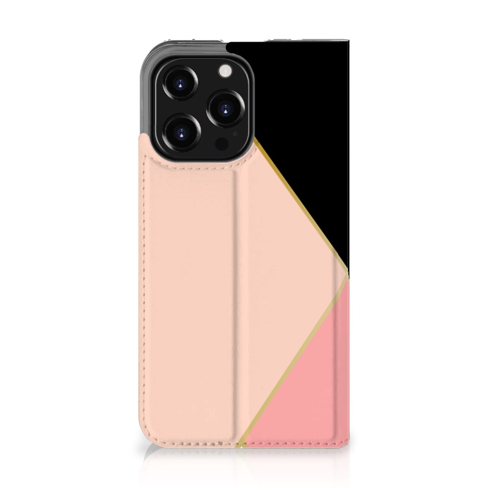 iPhone 13 Pro Stand Case Zwart Roze Vormen met mooie geometrische print en veilige bescherming.