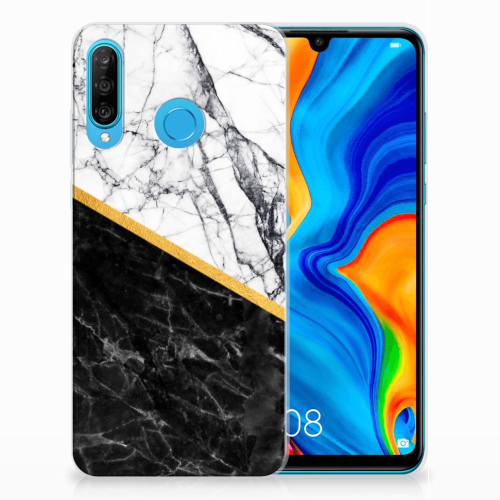 Huawei P30 Lite TPU Siliconen Hoesje Marmer Wit Zwart - Origineel Cadeau Man