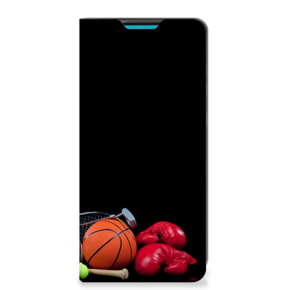 Samsung Galaxy A73 Hippe Standcase Sports met sportuitrusting zoals basketbal en bokshandschoenen.