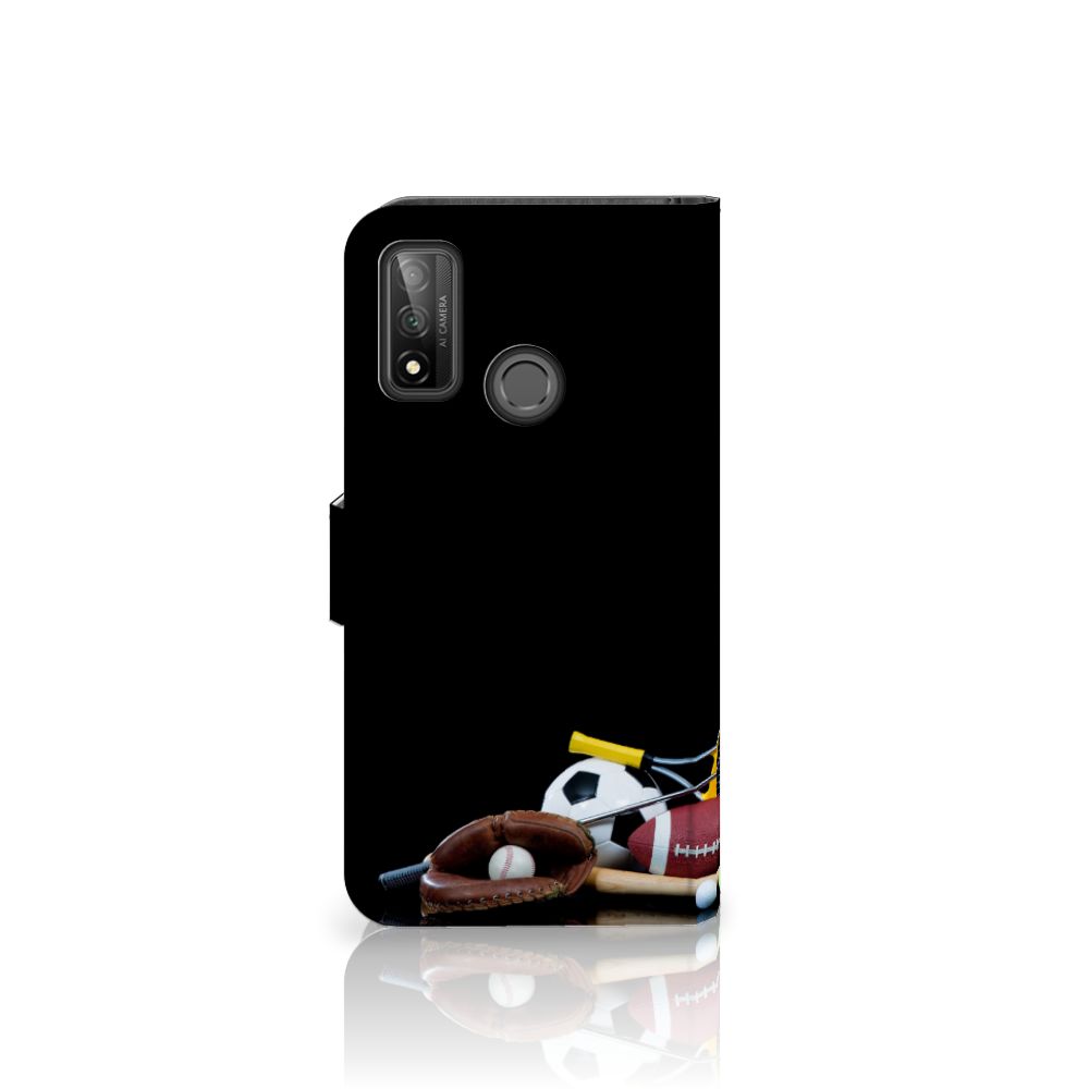 Huawei P Smart 2020 Wallet Case met Pasjes Sports met sportuitrusting op een zwarte achtergrond