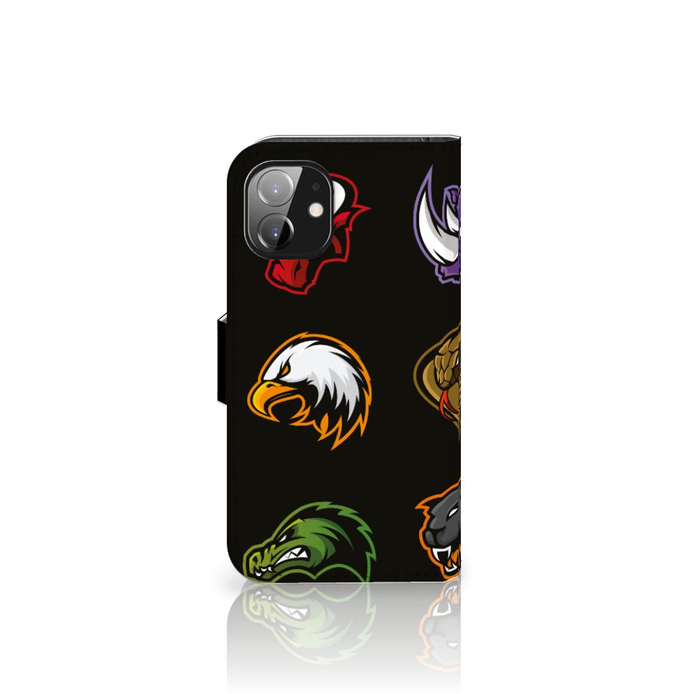Apple iPhone 12 Mini Leuk Hoesje Cartoon met dierenkoppen op een zwarte achtergrond.
