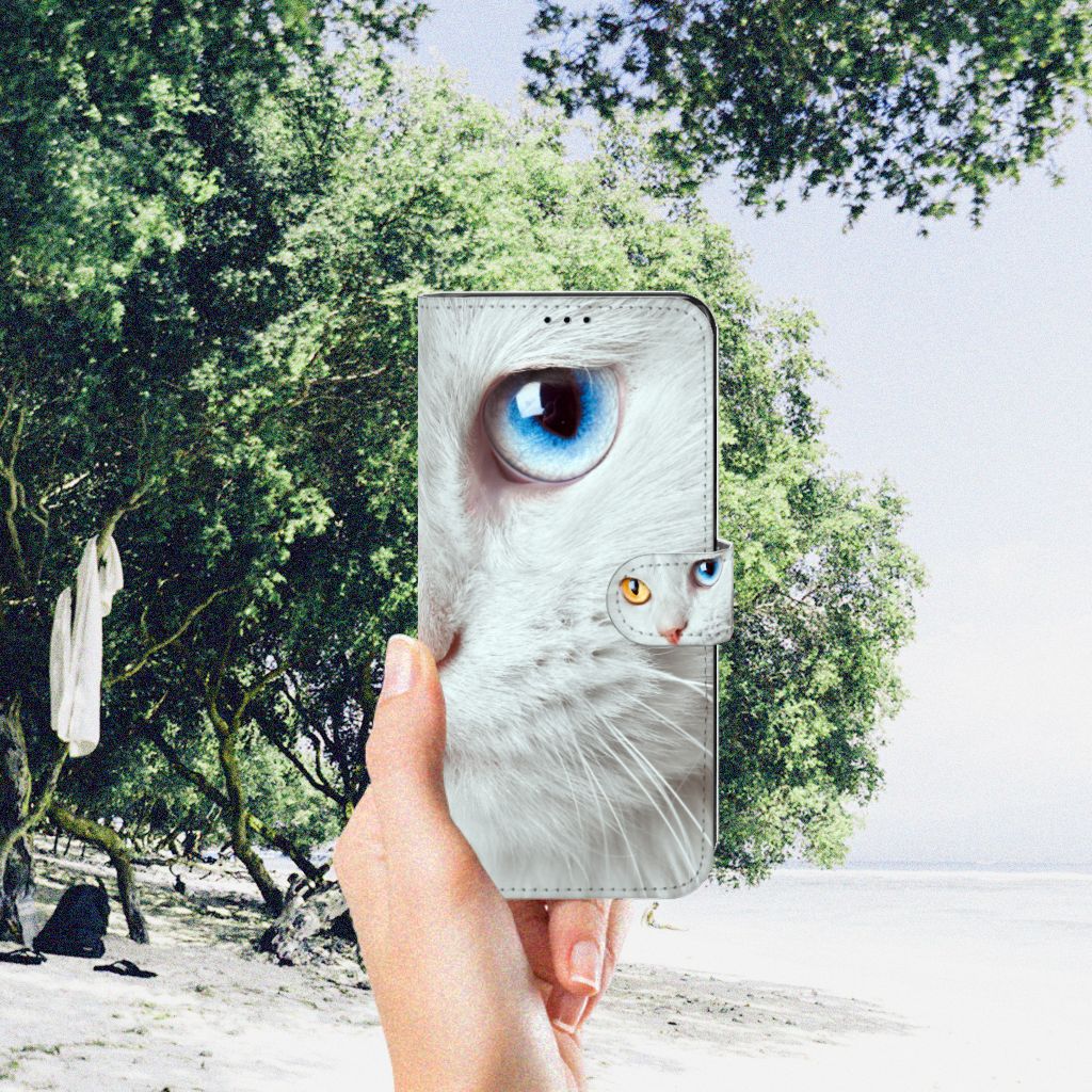 Motorola Edge 30 Pro Telefoonhoesje met Pasjes Witte Kat
